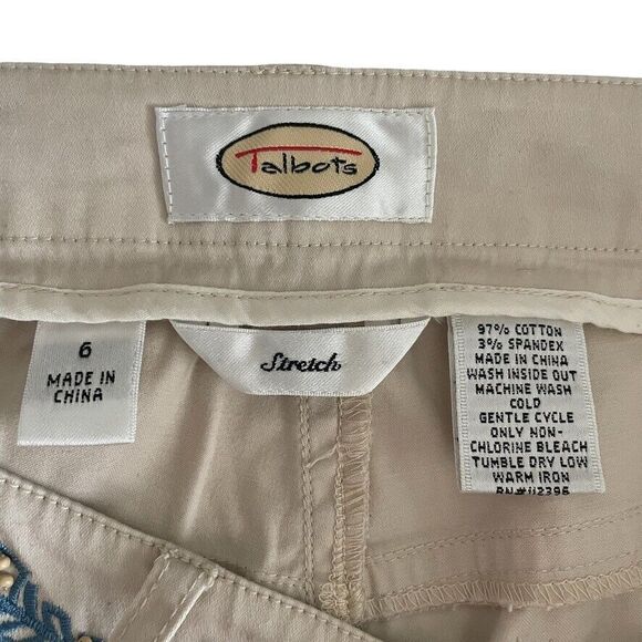 Talbots Beaded Crop Khaki Pants 6 Stretch Twill Embroidered Classic Indie - Picture 4 of 11